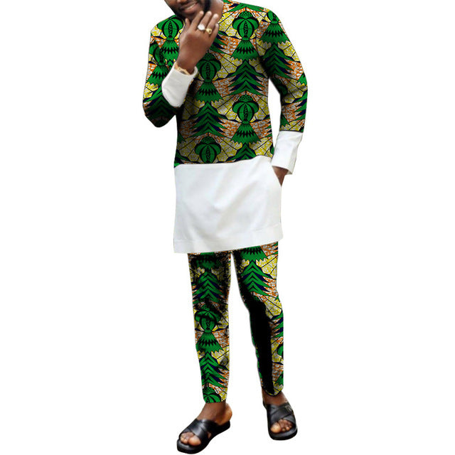 African men's print set clothing patchwork shirt with trouser Ankara pant sets customized wedding dashiki print/white tops